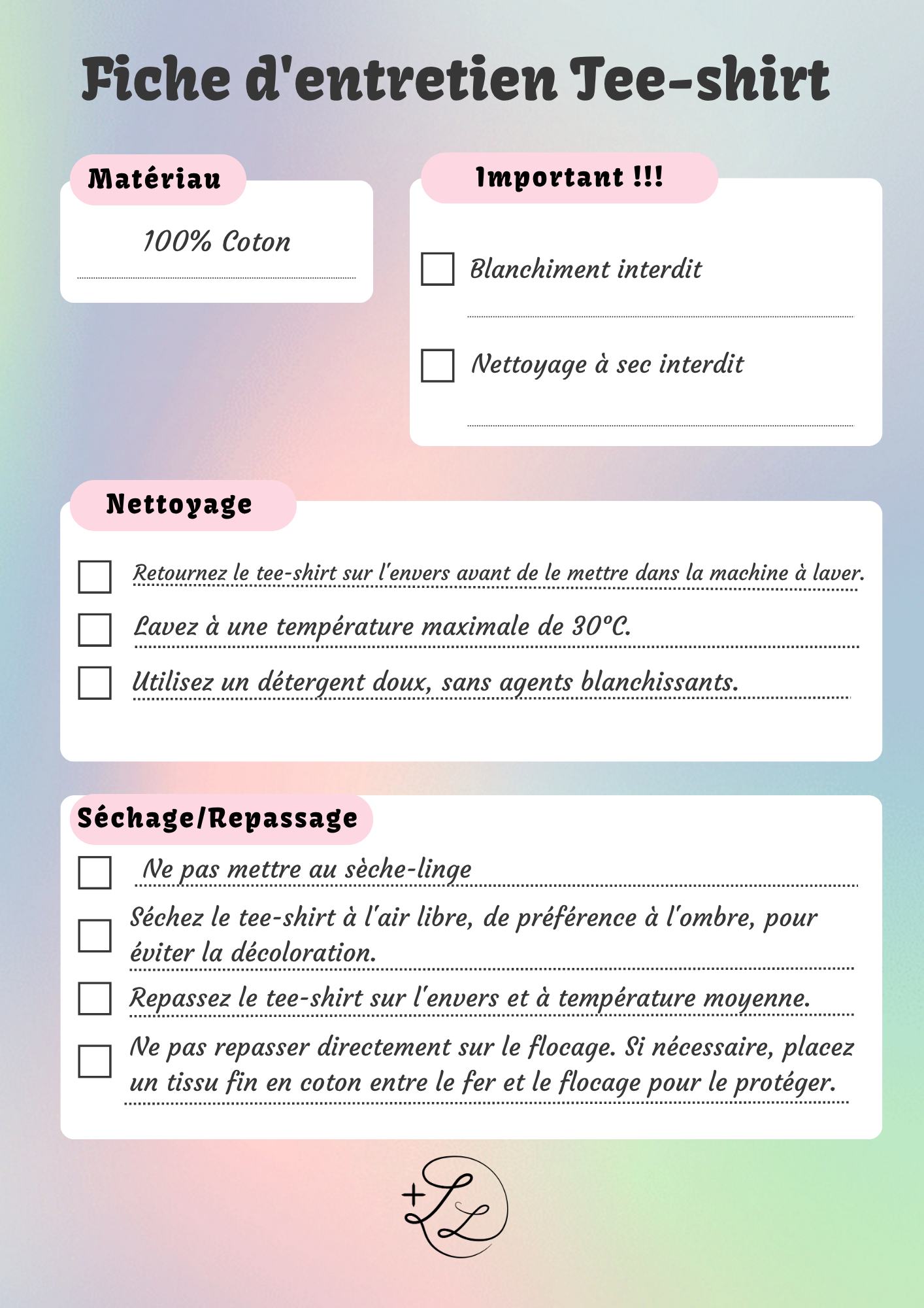 Fiche d'entretien Tee-shirt plusdelles