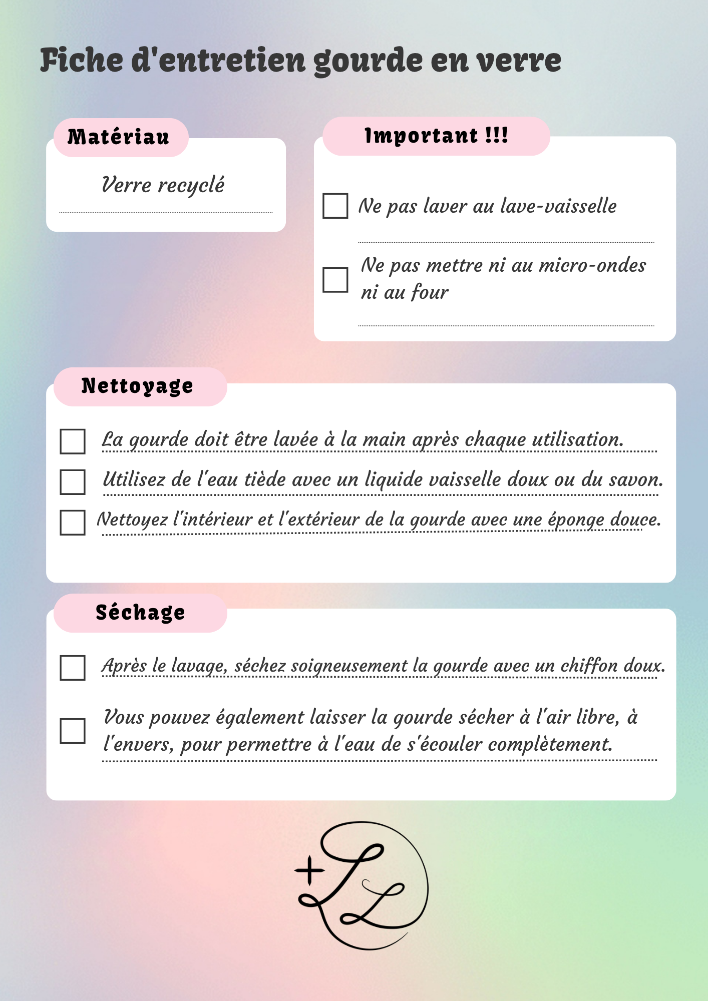 Fiche d'entretien gourde en verre plusdelles 